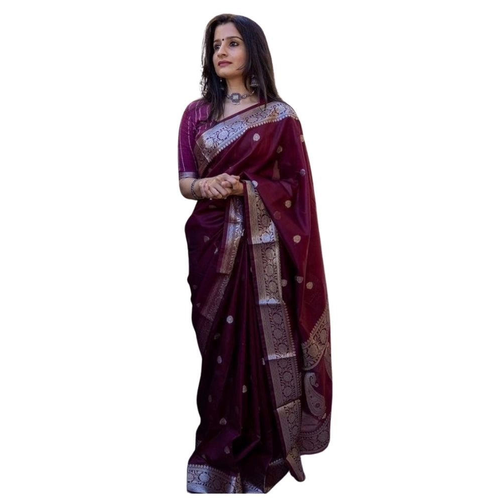 Women's Cotton Printed Saree With Unstitched Blouse 5.5 Mtr (Maroon)