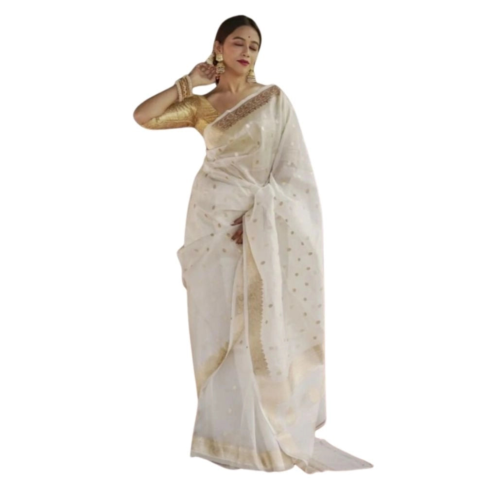 Women's Cotton Printed Saree With Unstitched Blouse 5.5 Mtr (White)
