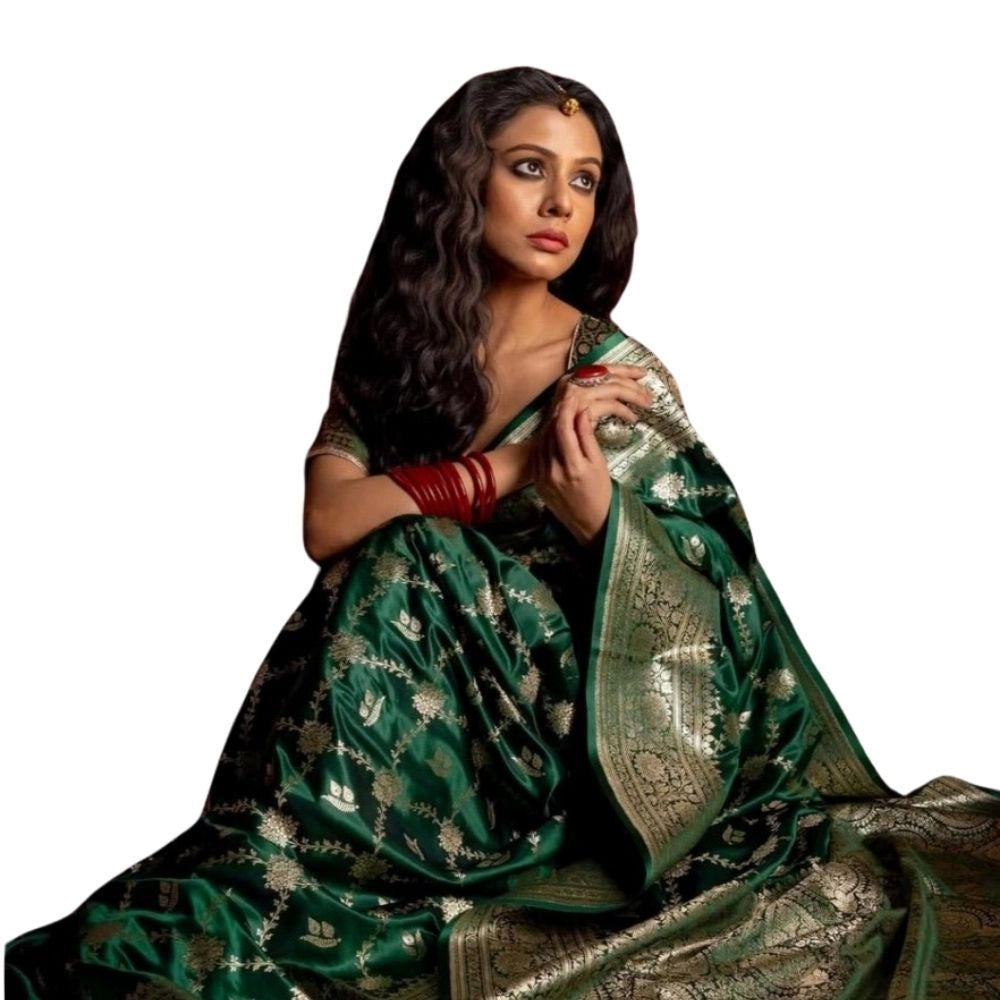 Women's Silk Printed Saree With Unstitched Blouse 5.5 Mtr (Dark Green)