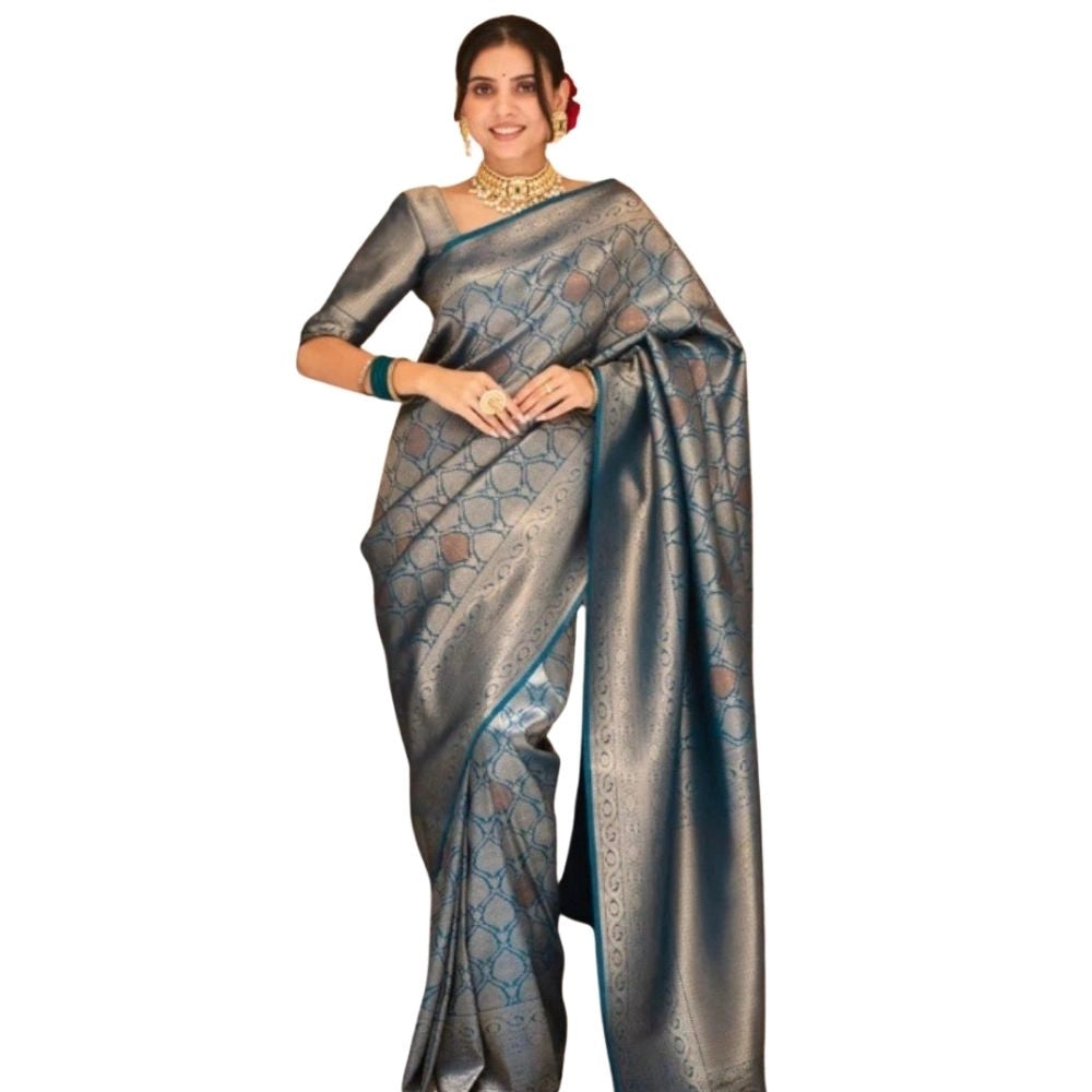 Women's Silk Printed Saree With Unstitched Blouse 5.5 Mtr (Rama)