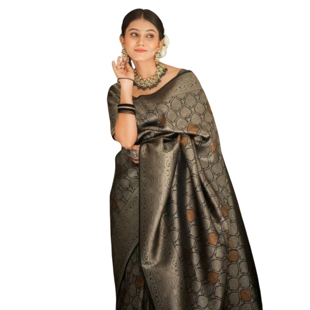 Women's Silk Printed Saree With Unstitched Blouse 5.5 Mtr (Black)