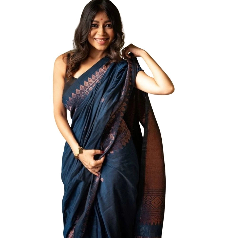 Women's Silk Printed Saree With Unstitched Blouse 5.5 Mtr (Navy Blue)