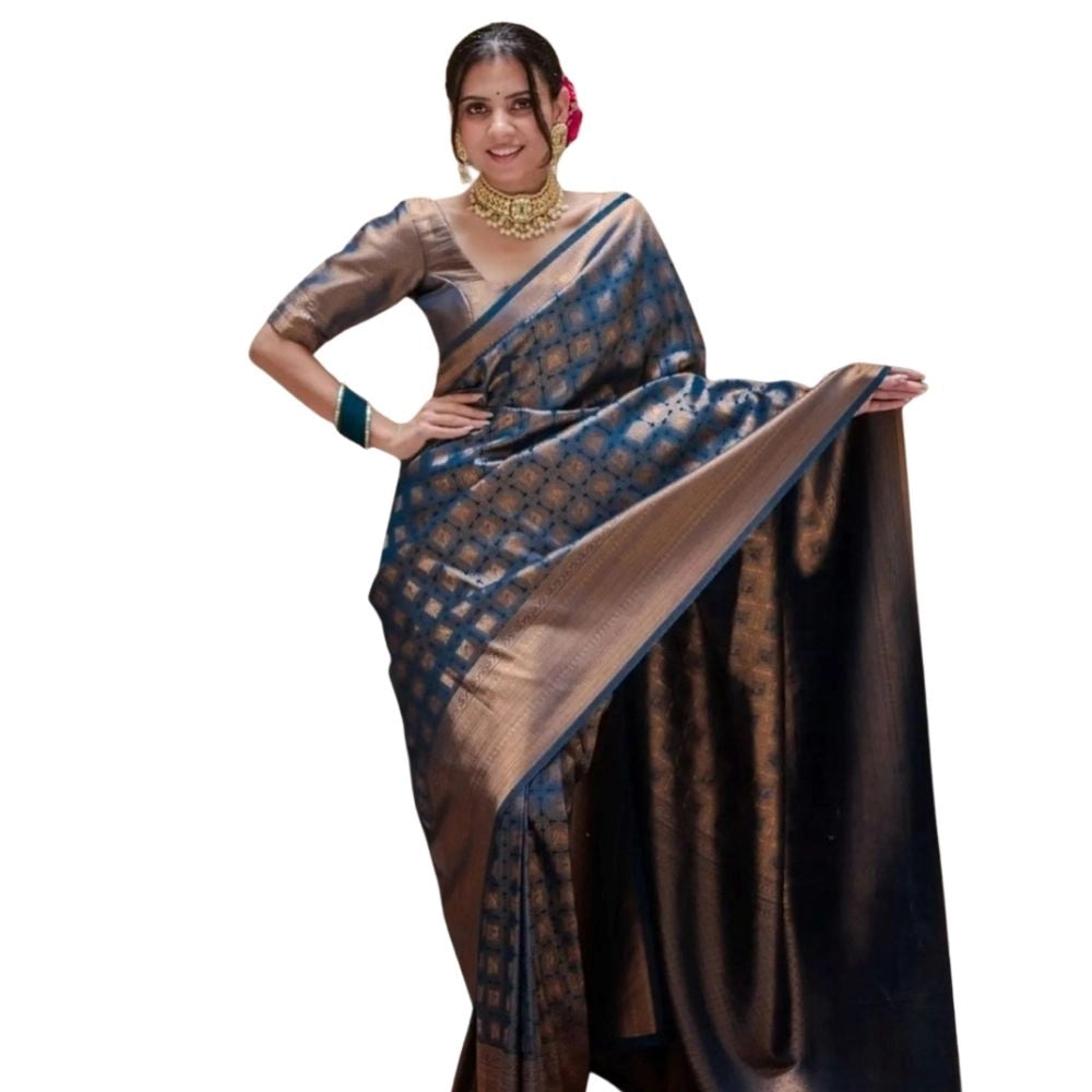 Women's Silk Printed Saree With Unstitched Blouse 5.5 Mtr (Blue)
