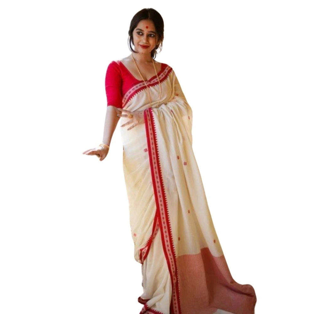 Women's Cotton Printed Saree With Unstitched Blouse 5.5 Mtr (White)