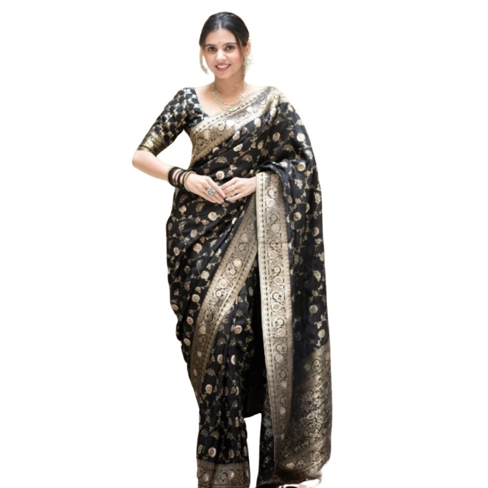 Women's Silk Printed Saree With Unstitched Blouse 5.5 Mtr (Black)