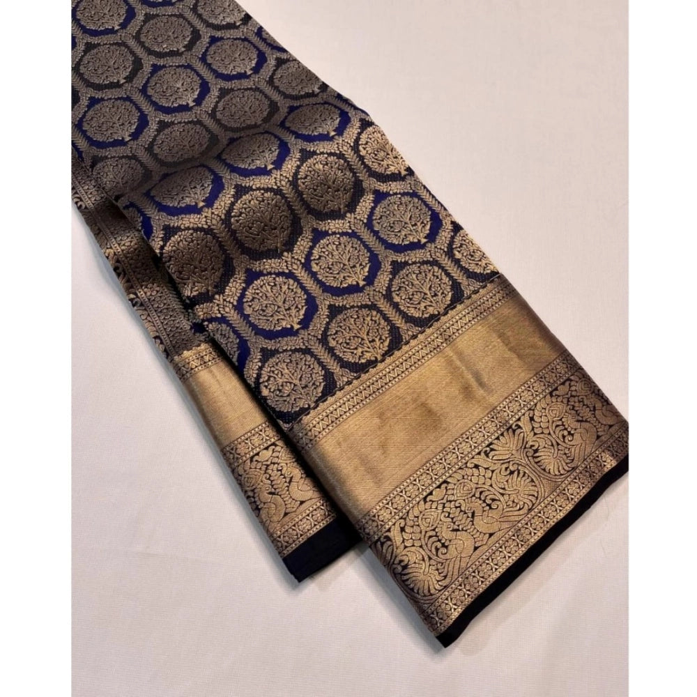 Women's Silk Printed Saree With Unstitched Blouse 5.5 Mtr (Navy Blue)