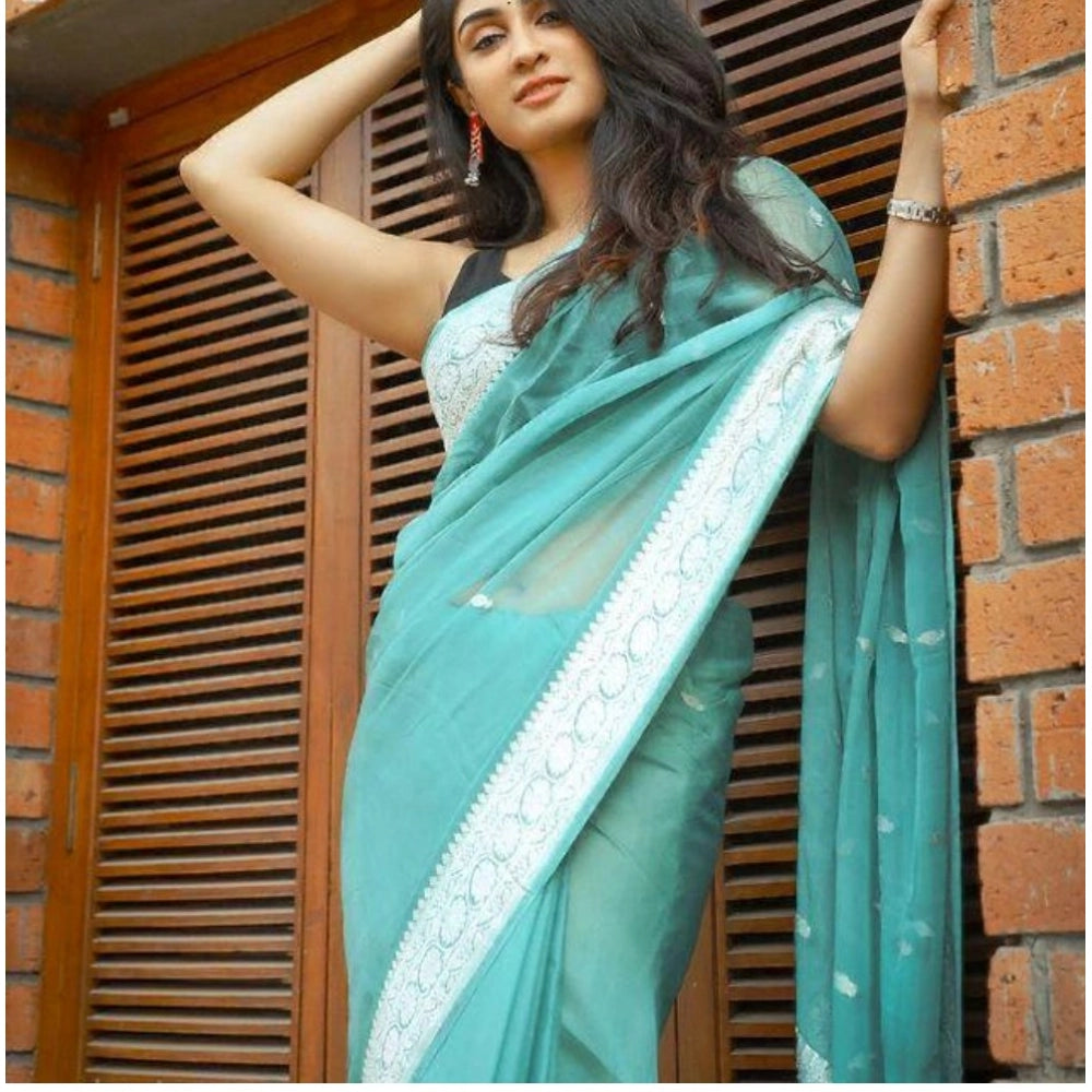 Women's Cotton Printed Saree With Unstitched Blouse 5.5 Mtr (Sky Blue)