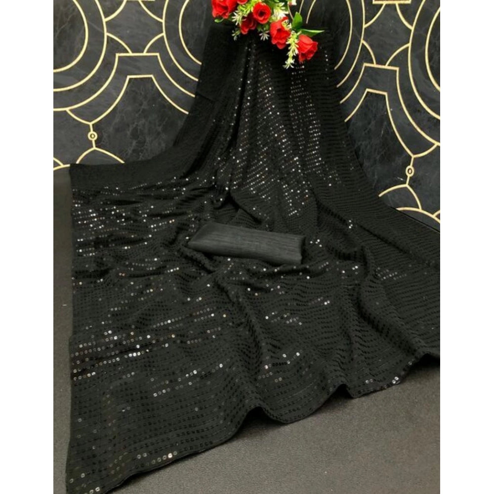 Women's Georgette Embellished Sequnece Bollywood Saree With Unstitched Blouse 5.5 Mtr (Black)