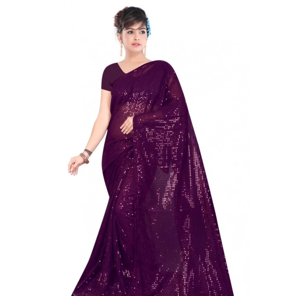 Women's Georgette Embellished Sequnece Bollywood Saree With Unstitched Blouse 5.5 Mtr (Purple)