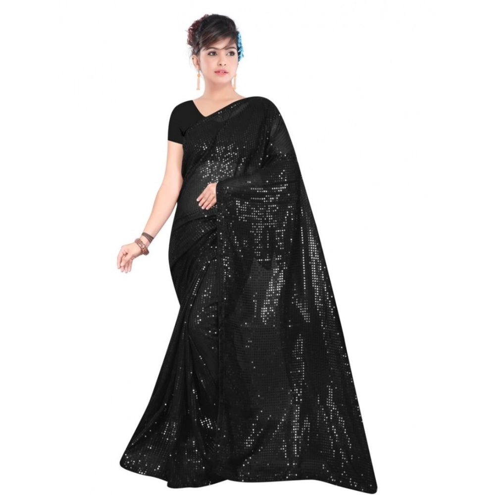 Women's Georgette Embellished Sequnece Bollywood Saree With Unstitched Blouse 5.5 Mtr (Black)