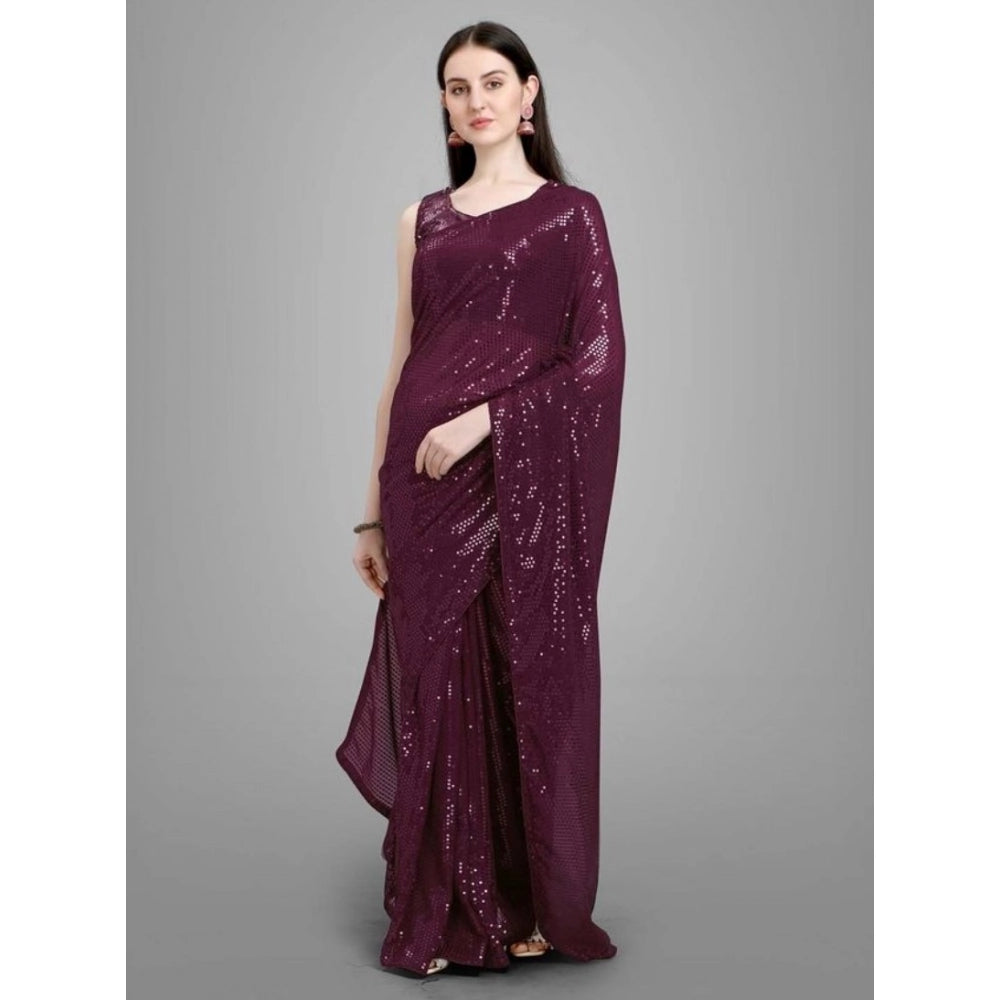 Women's Georgette Embellished Sequnece Bollywood Saree With Unstitched Blouse 5.5 Mtr (Purple)