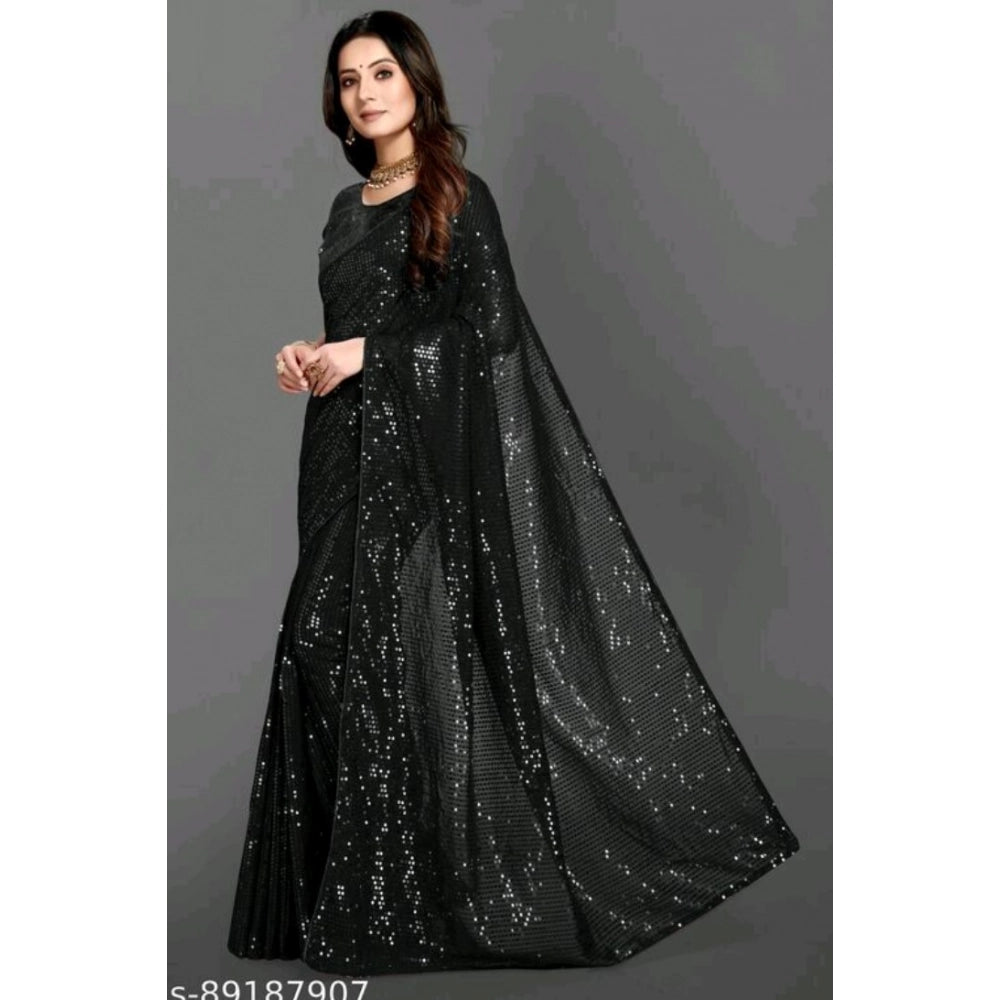 Women's Georgette Embellished Sequnece Bollywood Saree With Unstitched Blouse 5.5 Mtr (Black)