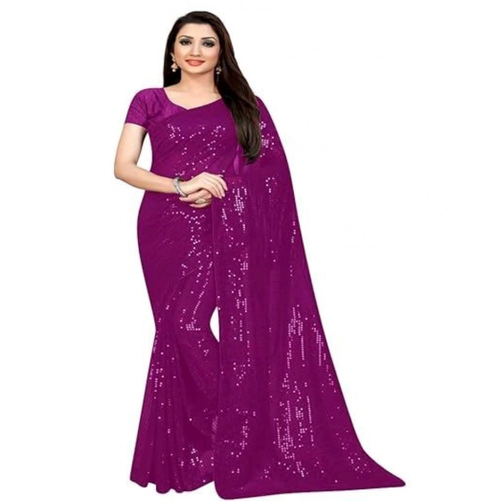 Women's Georgette Embellished Sequnece Bollywood Saree With Unstitched Blouse 5.5 Mtr (Purple)