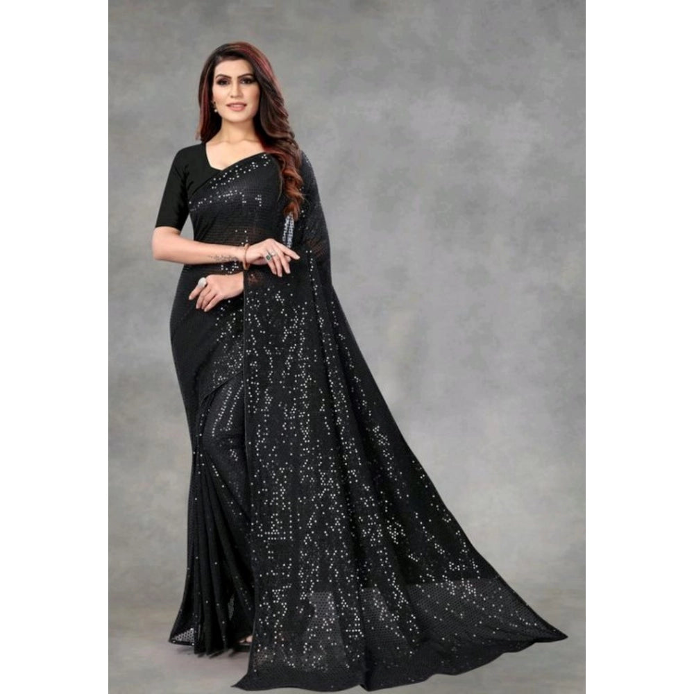 Women's Georgette Embellished Sequnece Bollywood Saree With Unstitched Blouse 5.5 Mtr (Black)