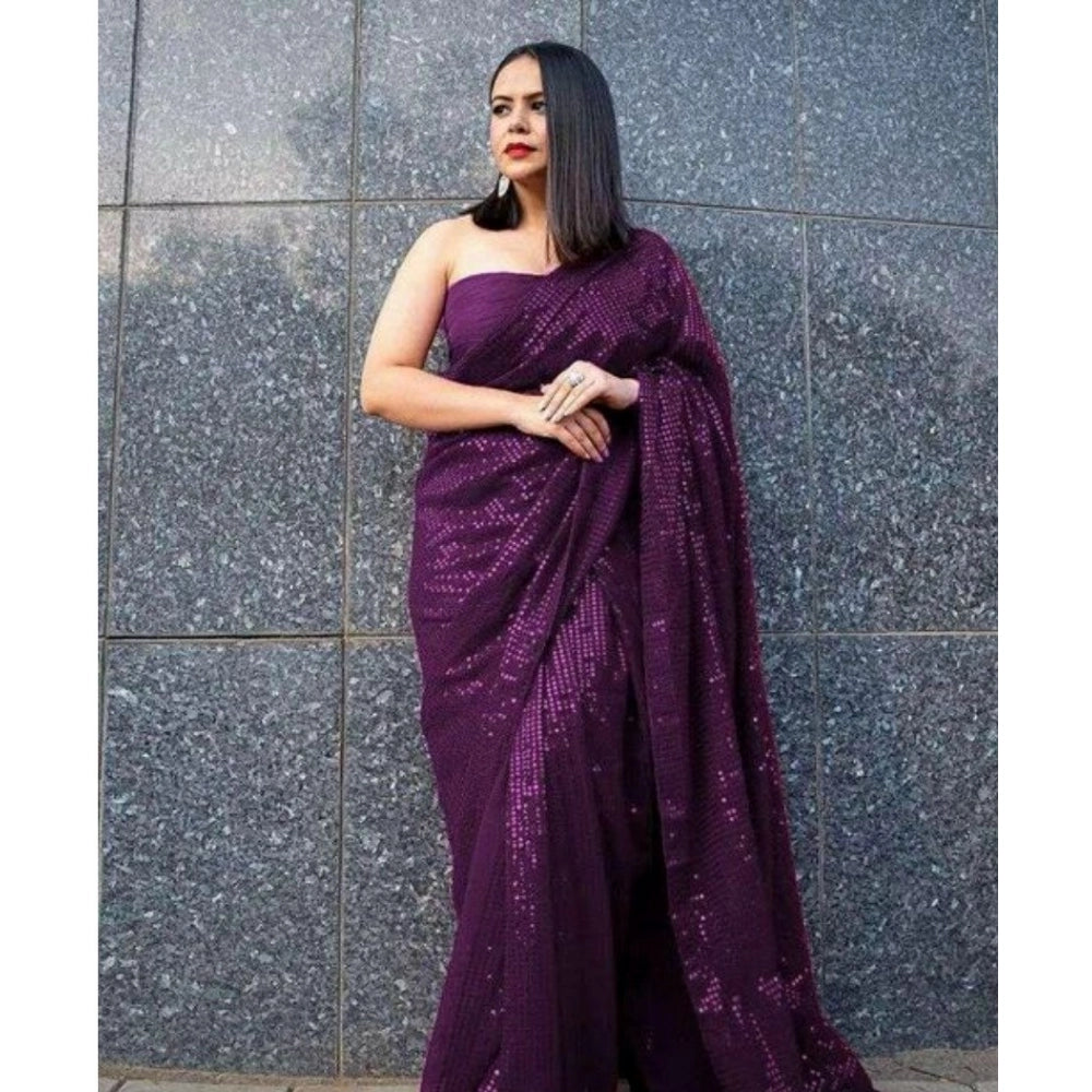Women's Georgette Embellished Sequnece Bollywood Saree With Unstitched Blouse 5.5 Mtr (Purple)