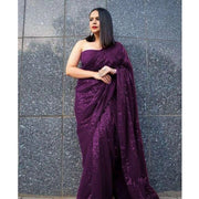 Women's Georgette Embellished Sequnece Bollywood Saree With Unstitched Blouse 5.5 Mtr (Purple)