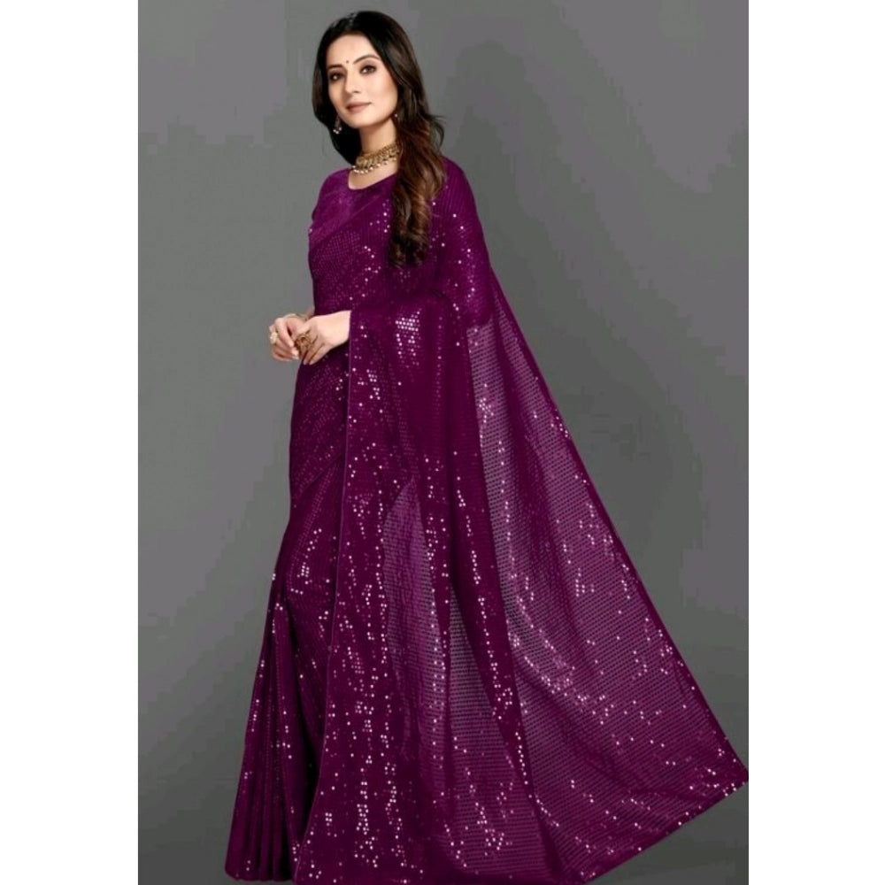 Women's Georgette Embellished Sequnece Bollywood Saree With Unstitched Blouse 5.5 Mtr (Purple)
