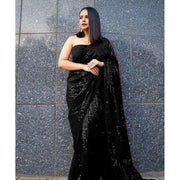 Women's Georgette Embellished Sequnece Bollywood Saree With Unstitched Blouse 5.5 Mtr (Black)