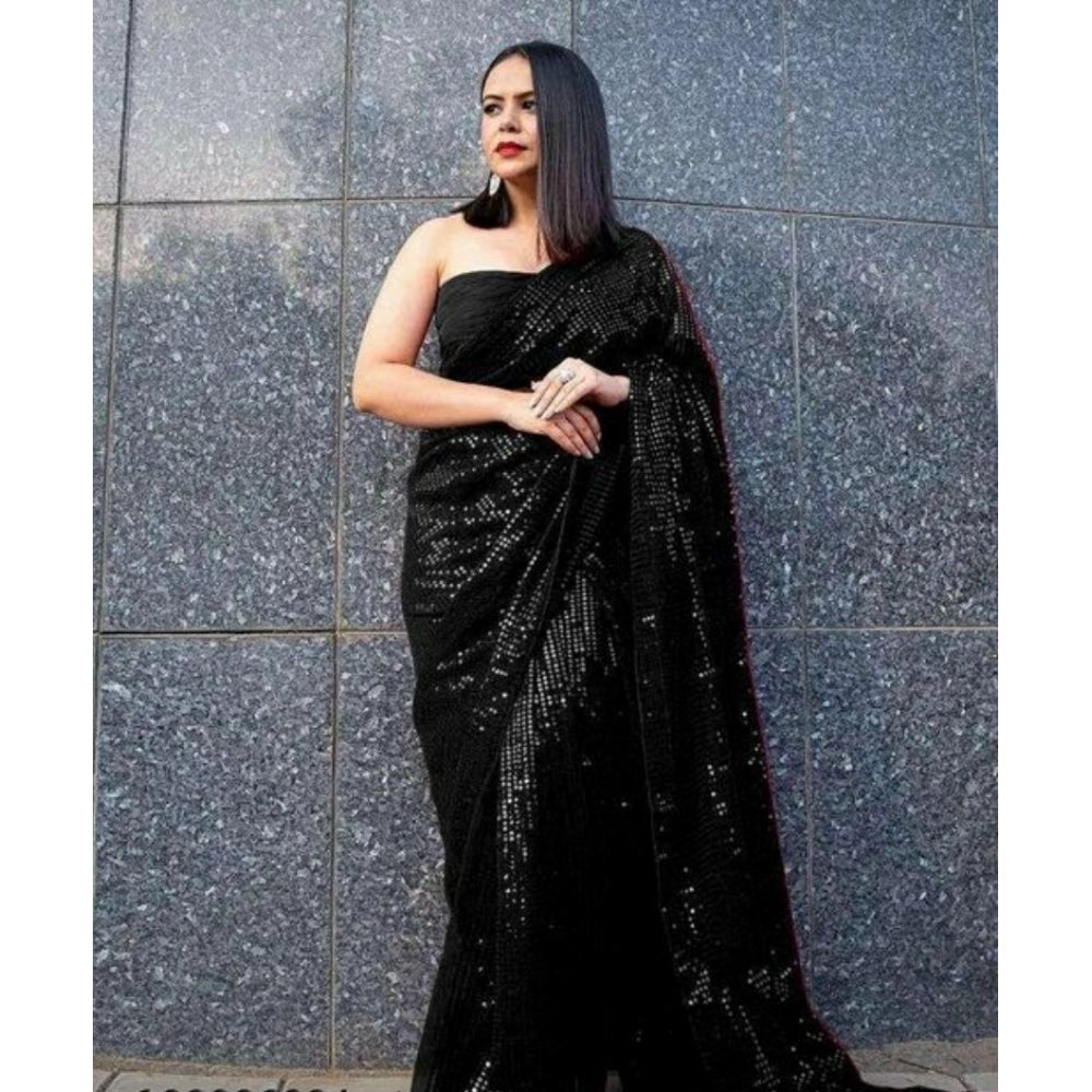 Women's Georgette Embellished Sequnece Bollywood Saree With Unstitched Blouse 5.5 Mtr (Black)