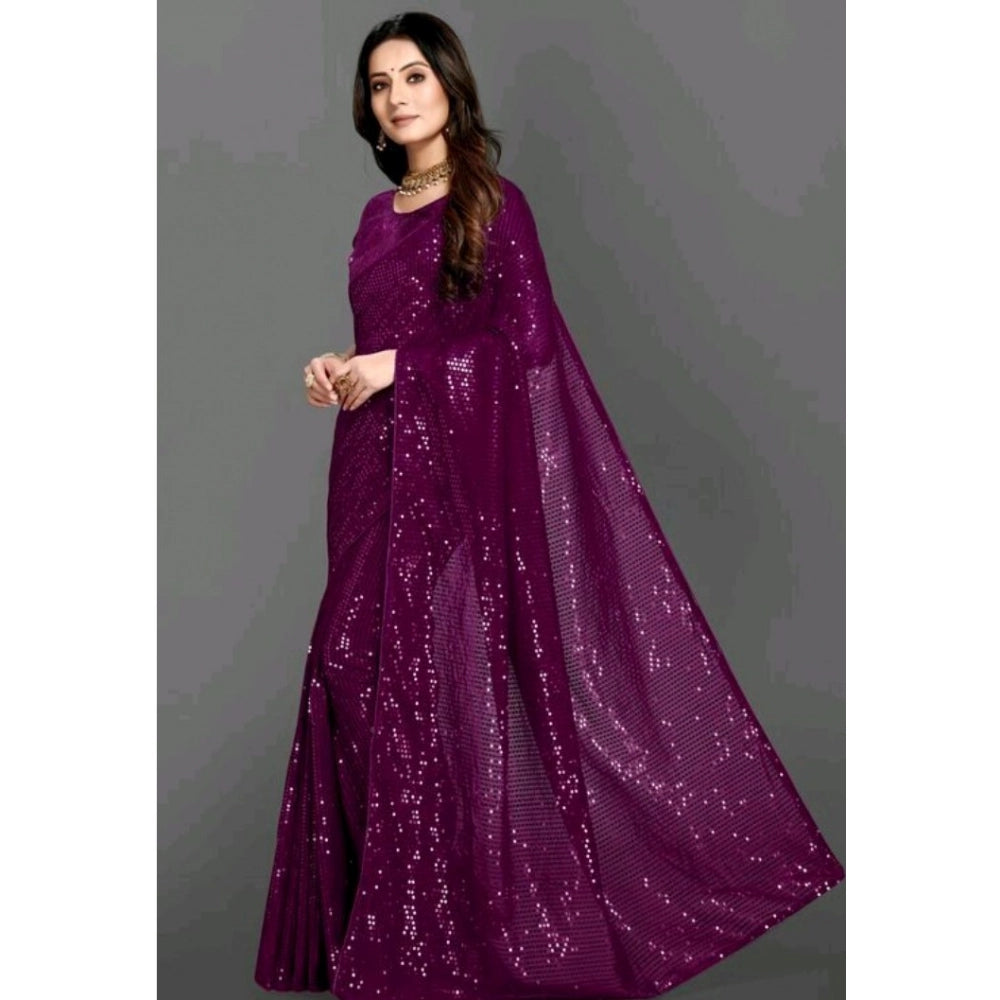 Women's Georgette Embellished Sequnece Bollywood Saree With Unstitched Blouse 5.5 Mtr (Purple)