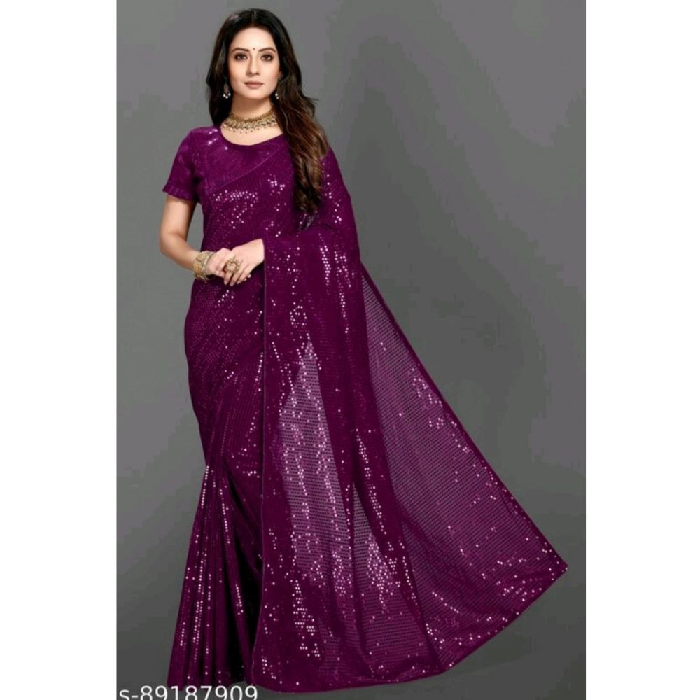 Women's Georgette Embellished Sequnece Bollywood Saree With Unstitched Blouse 5.5 Mtr (Purple)