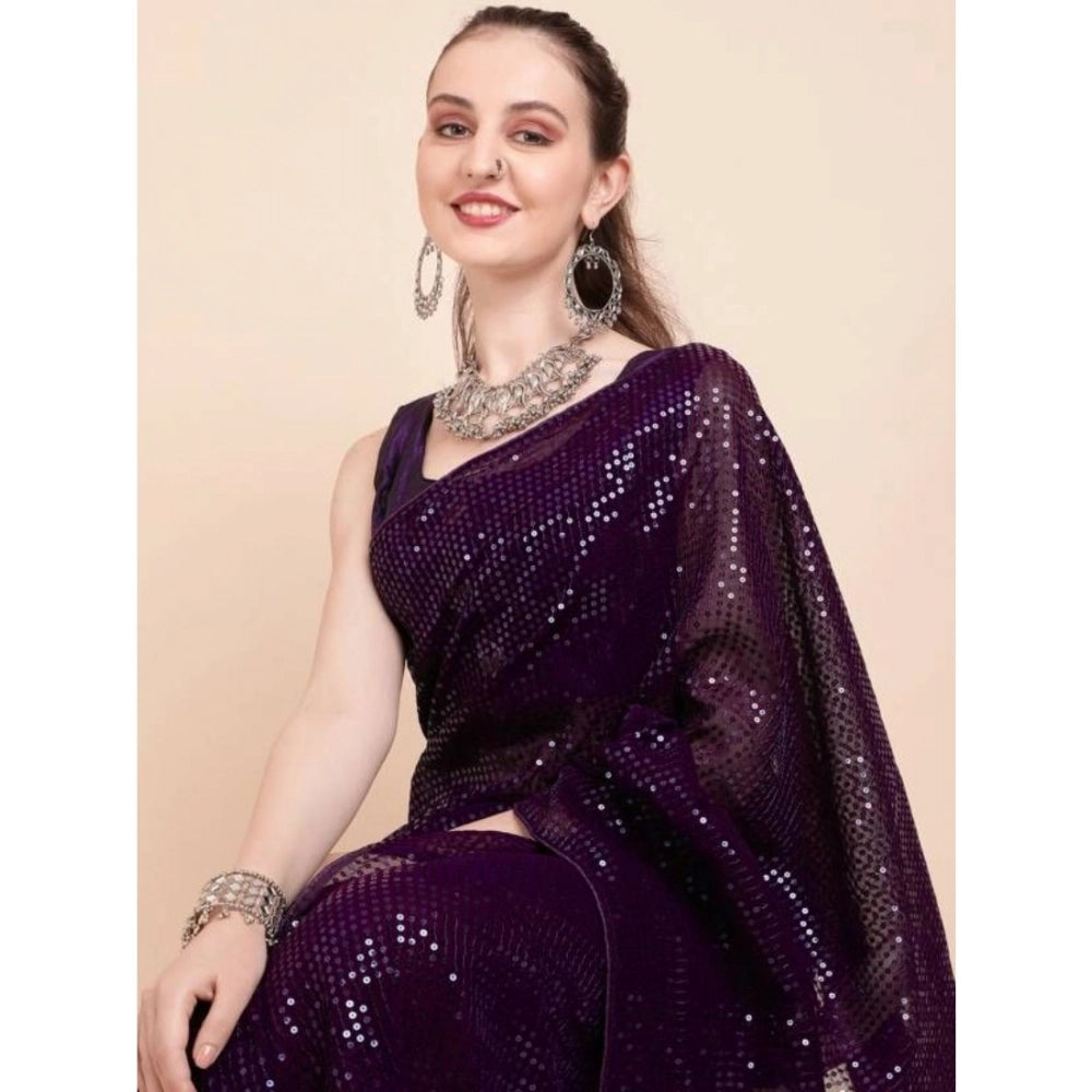 Women's Georgette Embellished Sequnece Bollywood Saree With Unstitched Blouse 5.5 Mtr (Purple)