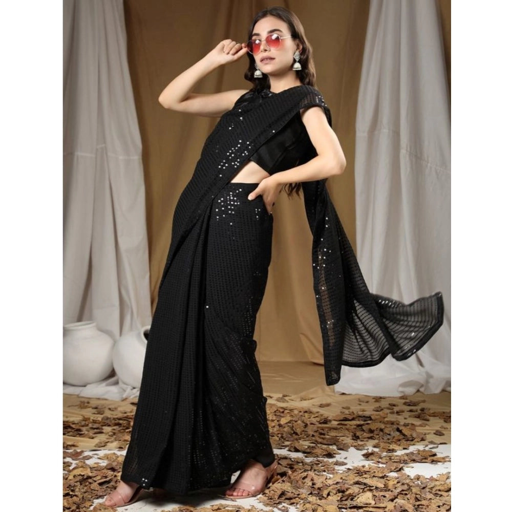 Women's Georgette Embellished Sequnece Bollywood Saree With Unstitched Blouse 5.5 Mtr (Black)