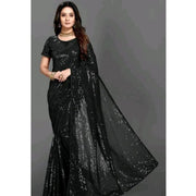 Women's Georgette Embellished Sequnece Bollywood Saree With Unstitched Blouse 5.5 Mtr (Black)