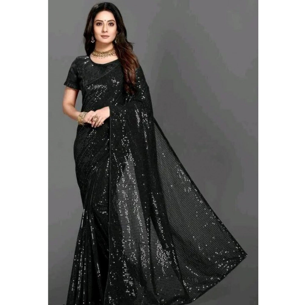 Women's Georgette Embellished Sequnece Bollywood Saree With Unstitched Blouse 5.5 Mtr (Black)