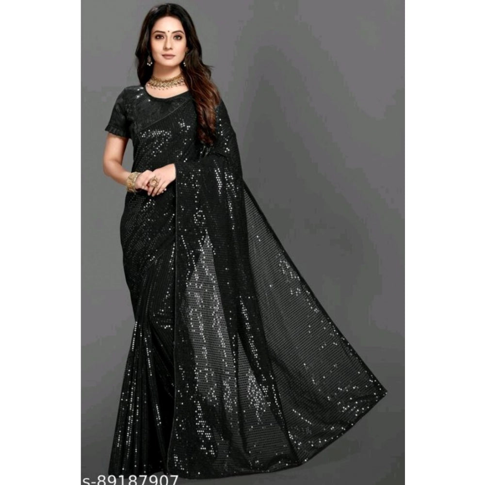 Women's Georgette Embellished Sequnece Bollywood Saree With Unstitched Blouse 5.5 Mtr (Black)