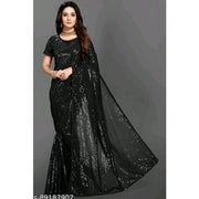 Women's Georgette Embellished Sequnece Bollywood Saree With Unstitched Blouse 5.5 Mtr (Black)