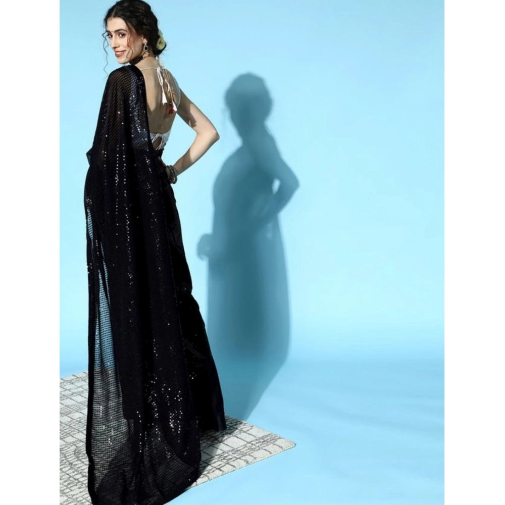 Women's Georgette Embellished Sequnece Bollywood Saree With Unstitched Blouse 5.5 Mtr (Black)