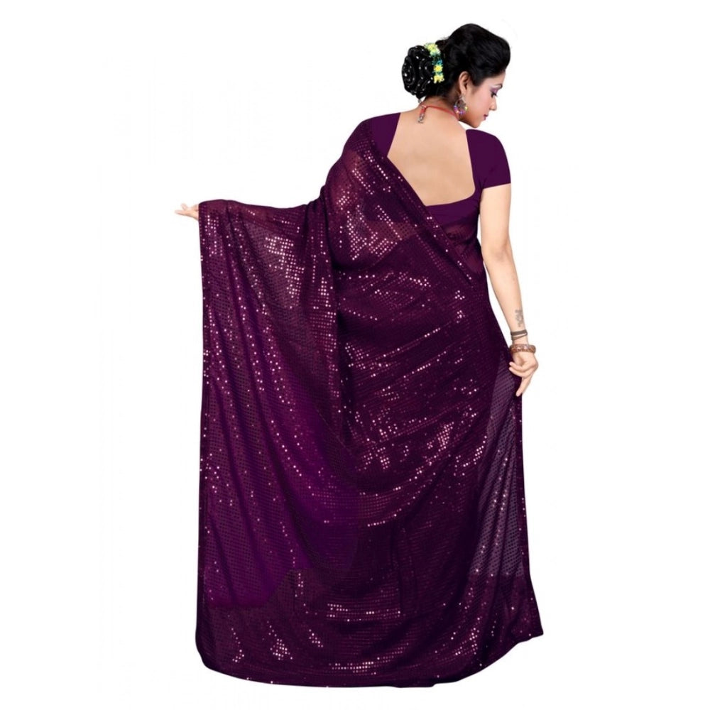 Women's Georgette Embellished Sequnece Bollywood Saree With Unstitched Blouse 5.5 Mtr (Purple)