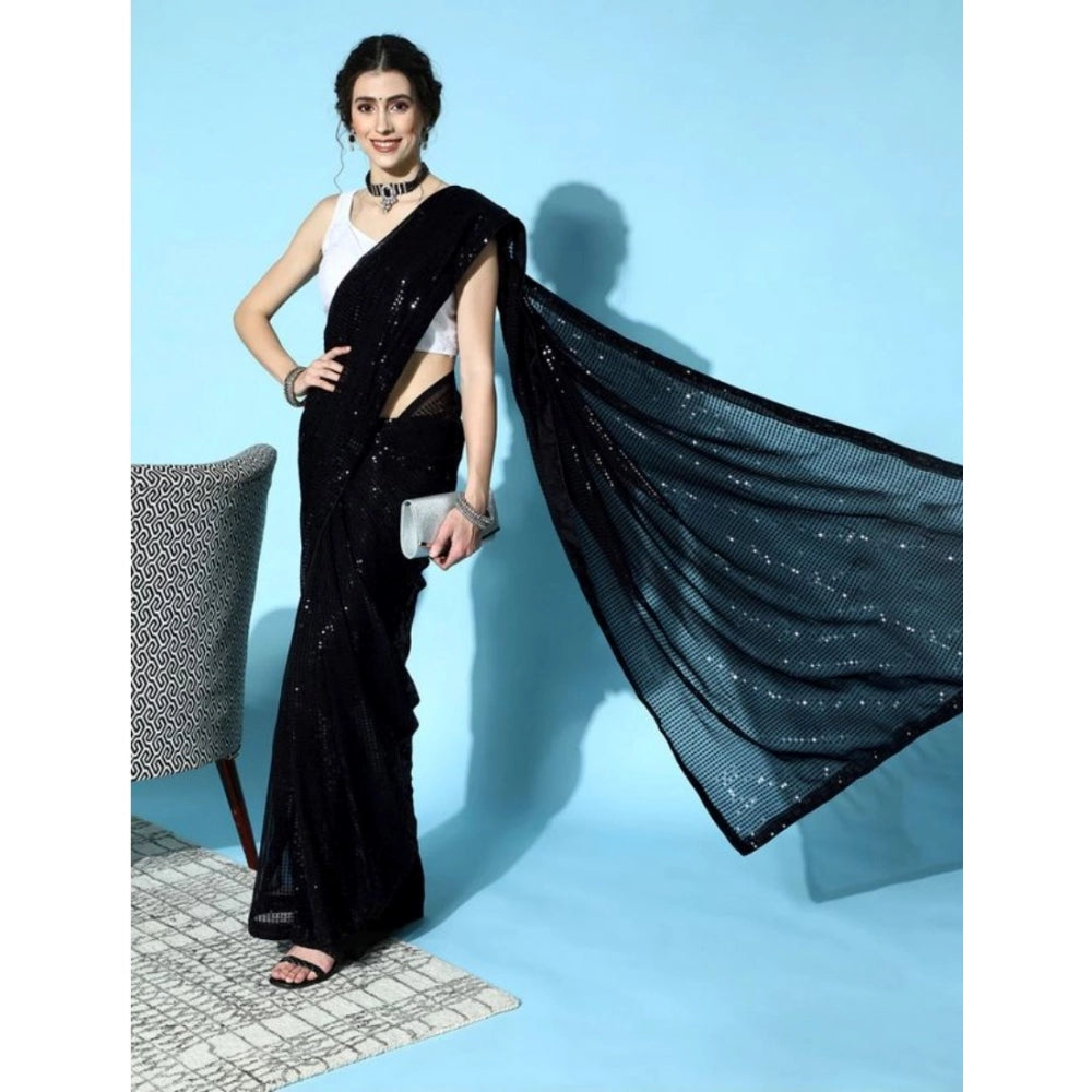 Women's Georgette Embellished Sequnece Bollywood Saree With Unstitched Blouse 5.5 Mtr (Black)
