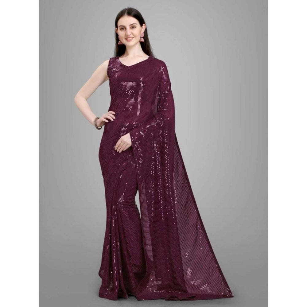 Women's Georgette Embellished Sequnece Bollywood Saree With Unstitched Blouse 5.5 Mtr (Purple)