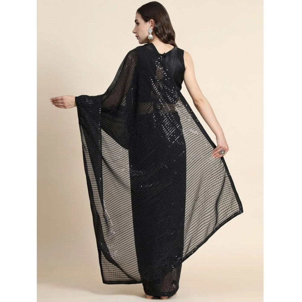 Women's Georgette Embellished Sequnece Bollywood Saree With Unstitched Blouse 5.5 Mtr (Black)