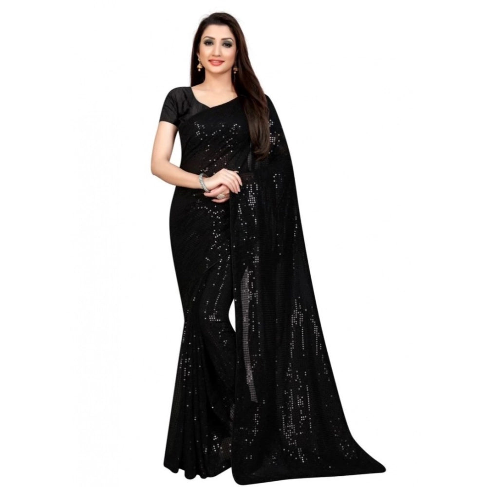Women's Georgette Embellished Sequnece Bollywood Saree With Unstitched Blouse 5.5 Mtr (Black)
