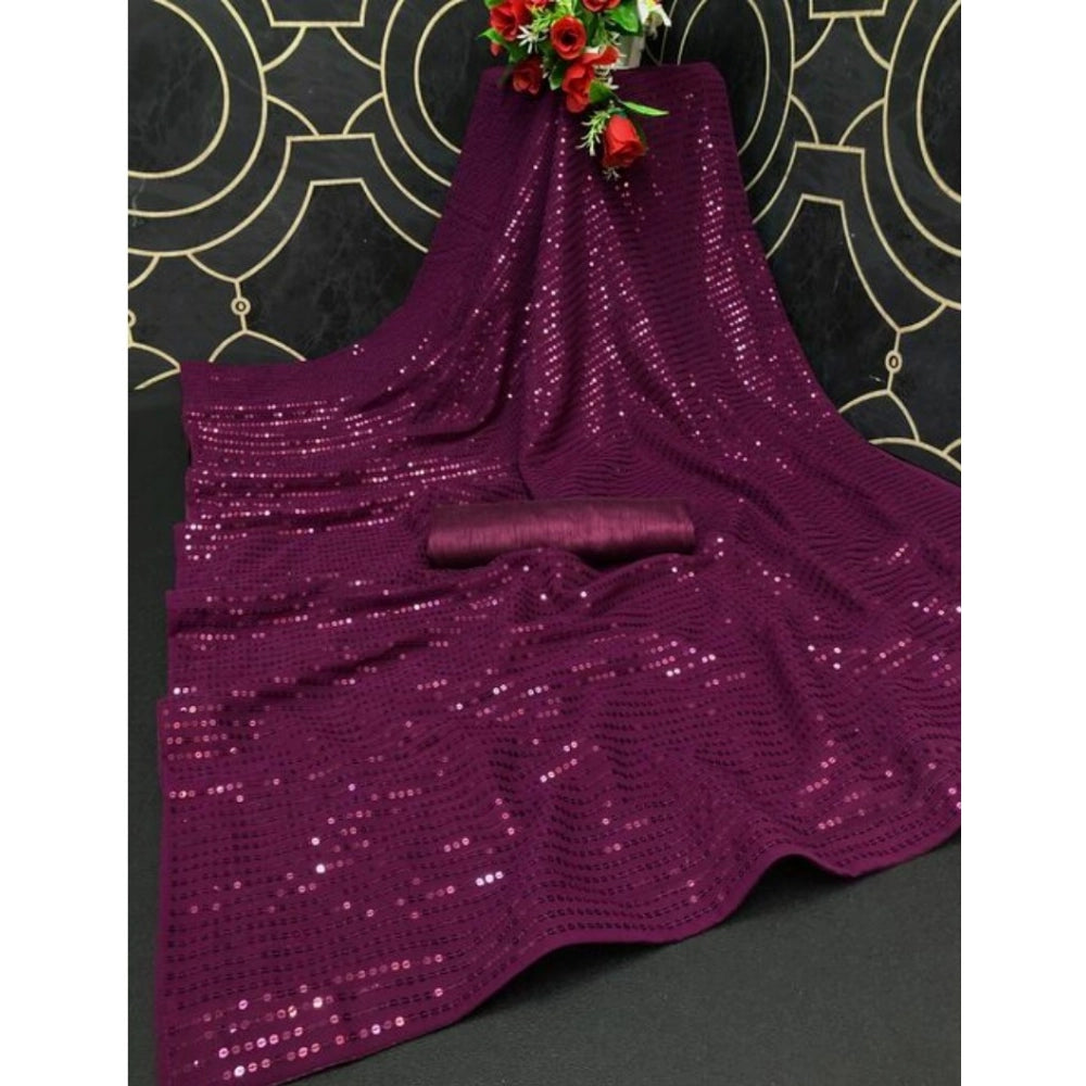 Women's Georgette Embellished Sequnece Bollywood Saree With Unstitched Blouse 5.5 Mtr (Purple)