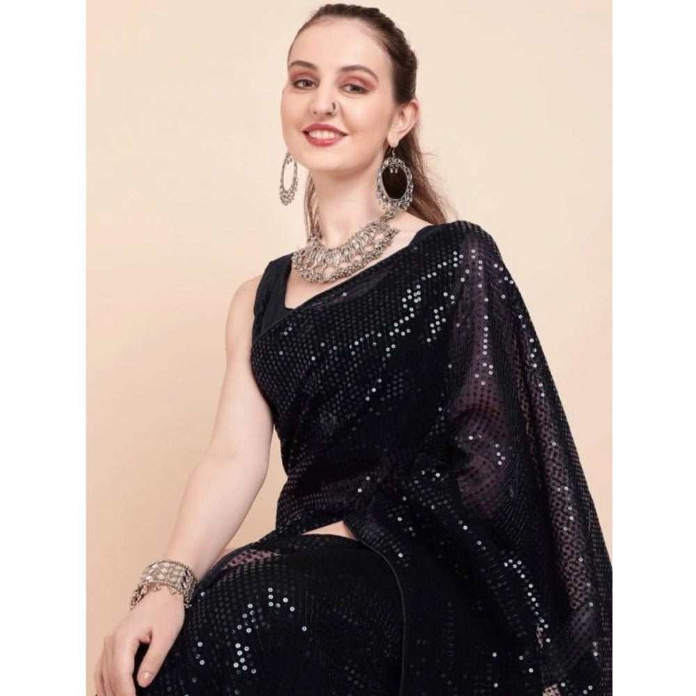 Women's Georgette Embellished Sequnece Bollywood Saree With Unstitched Blouse 5.5 Mtr (Black)