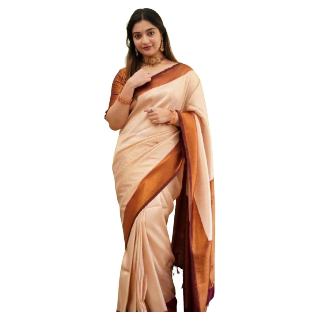 Women's Silk Printed Saree With Unstitched Blouse 5.5 Mtr (Cream)