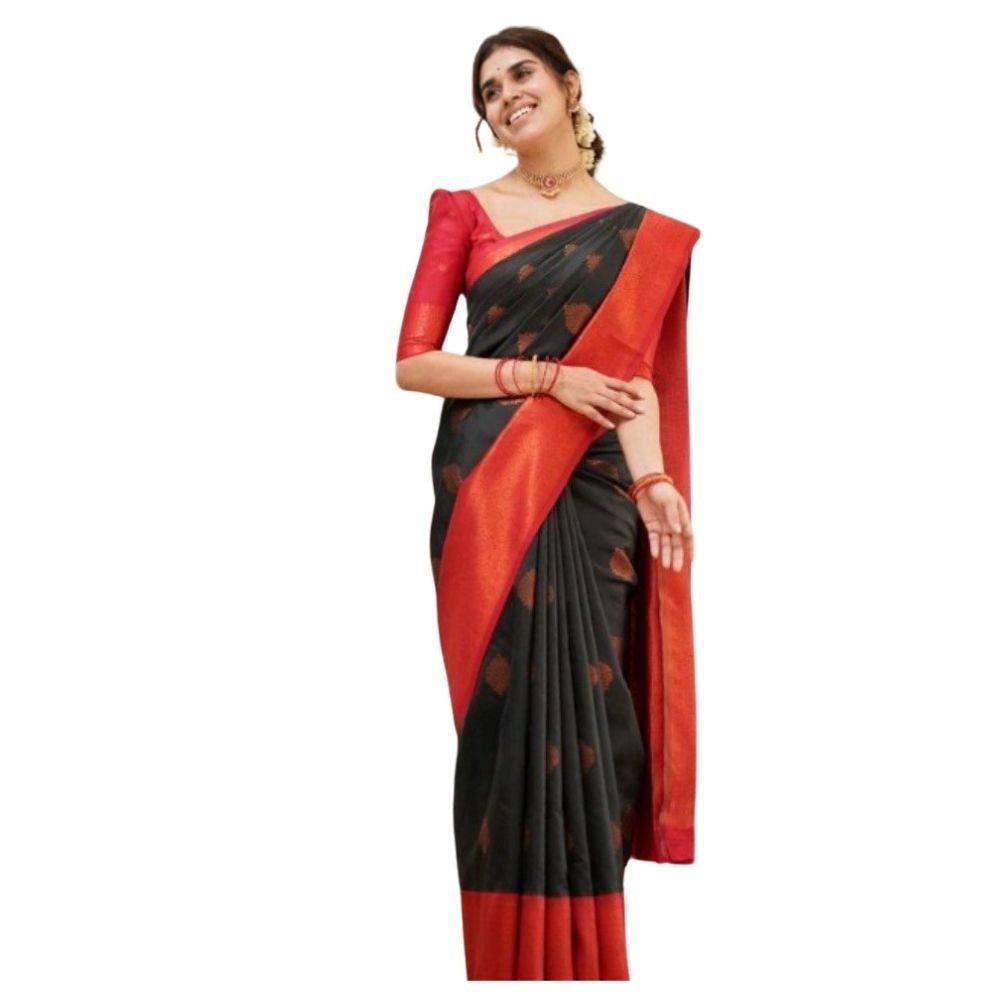 Women's Silk Printed Saree With Unstitched Blouse 5.5 Mtr (Black)