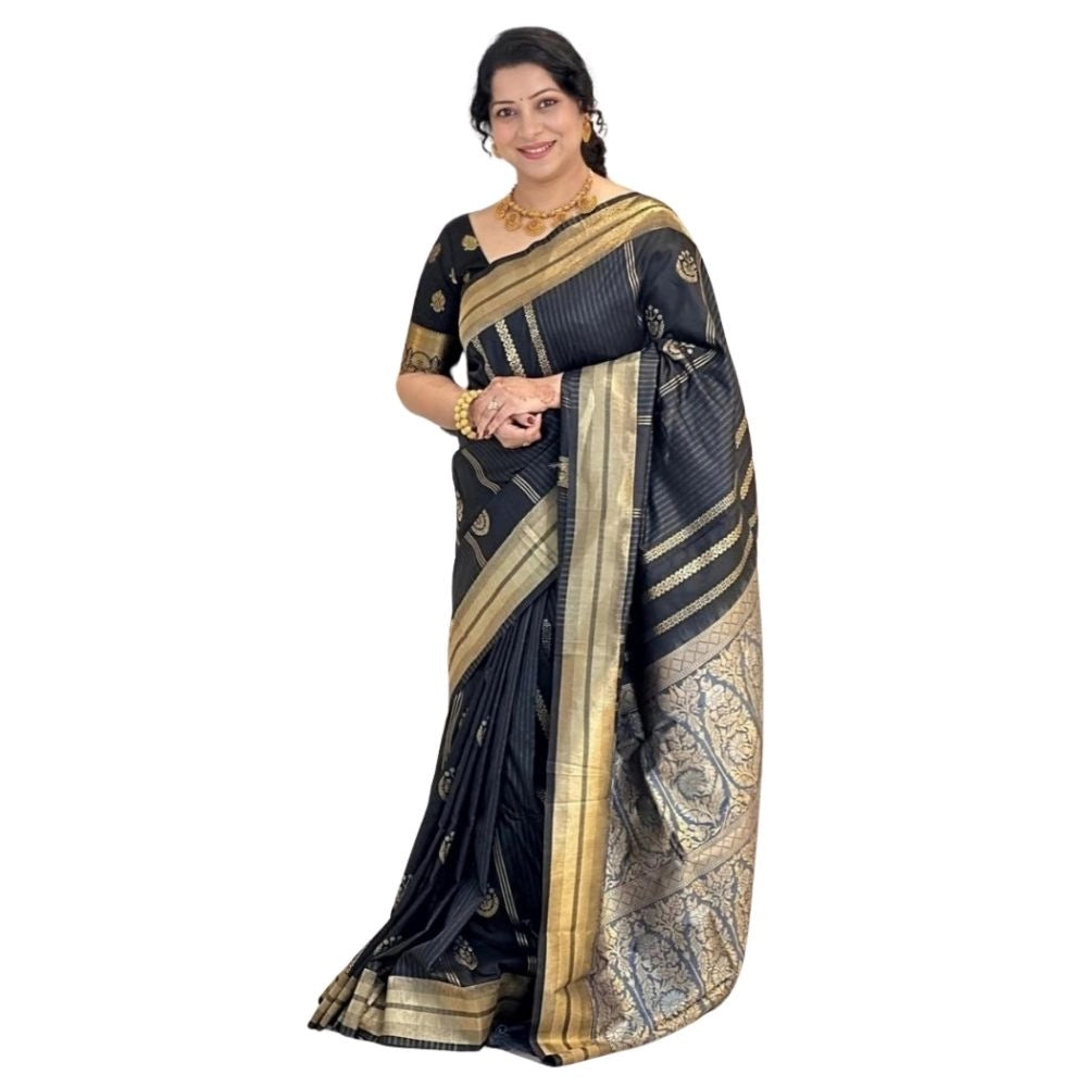 Women's Silk Printed Saree With Unstitched Blouse 5.5 Mtr (Black)