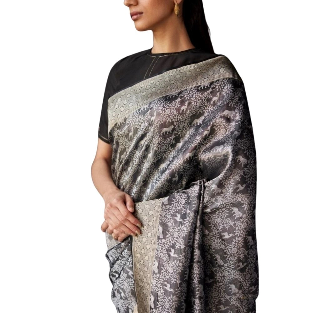 Women's Silk Printed Saree With Unstitched Blouse 5.5 Mtr (Grey)
