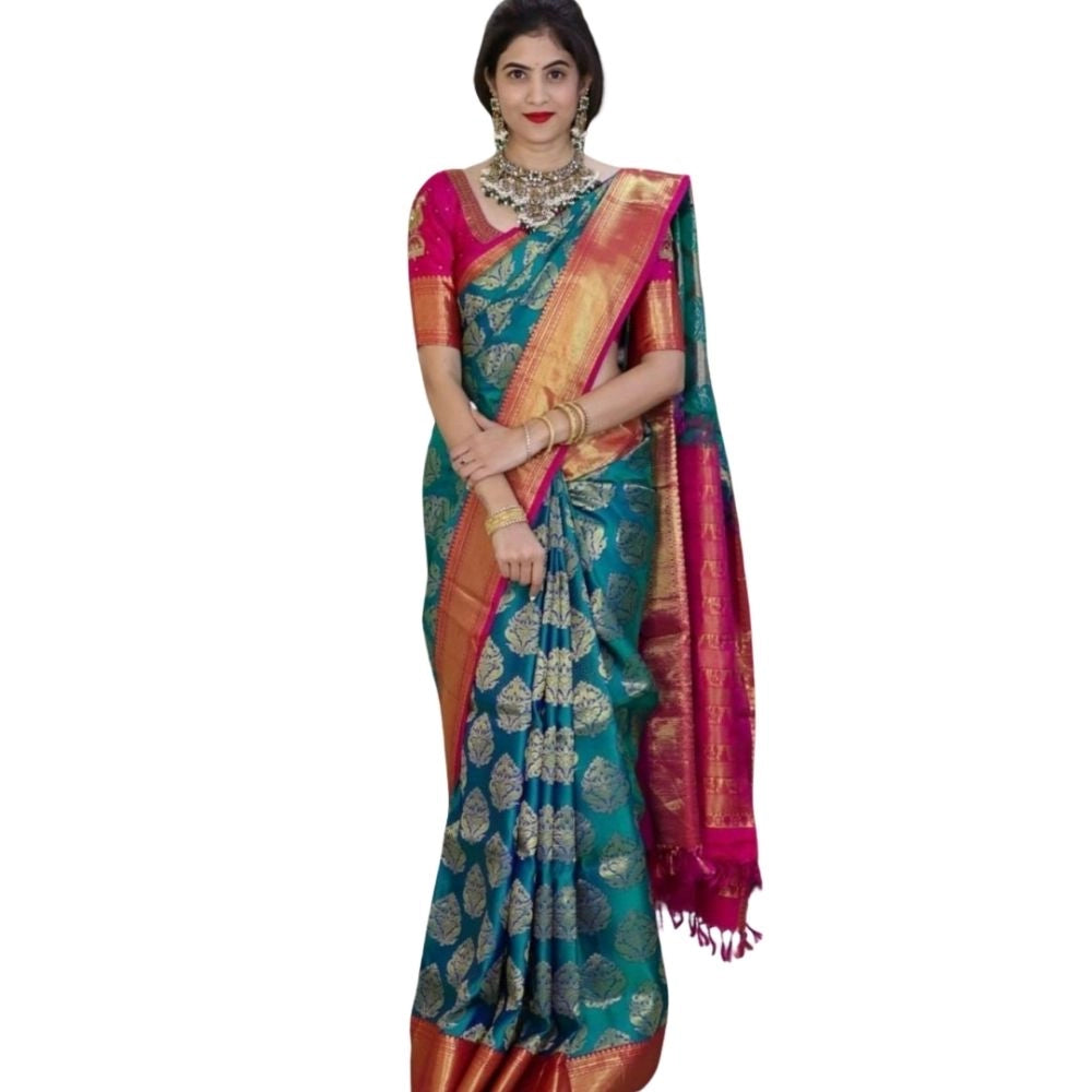 Women's Silk Printed Saree With Unstitched Blouse 5.5 Mtr (Teal Blue)