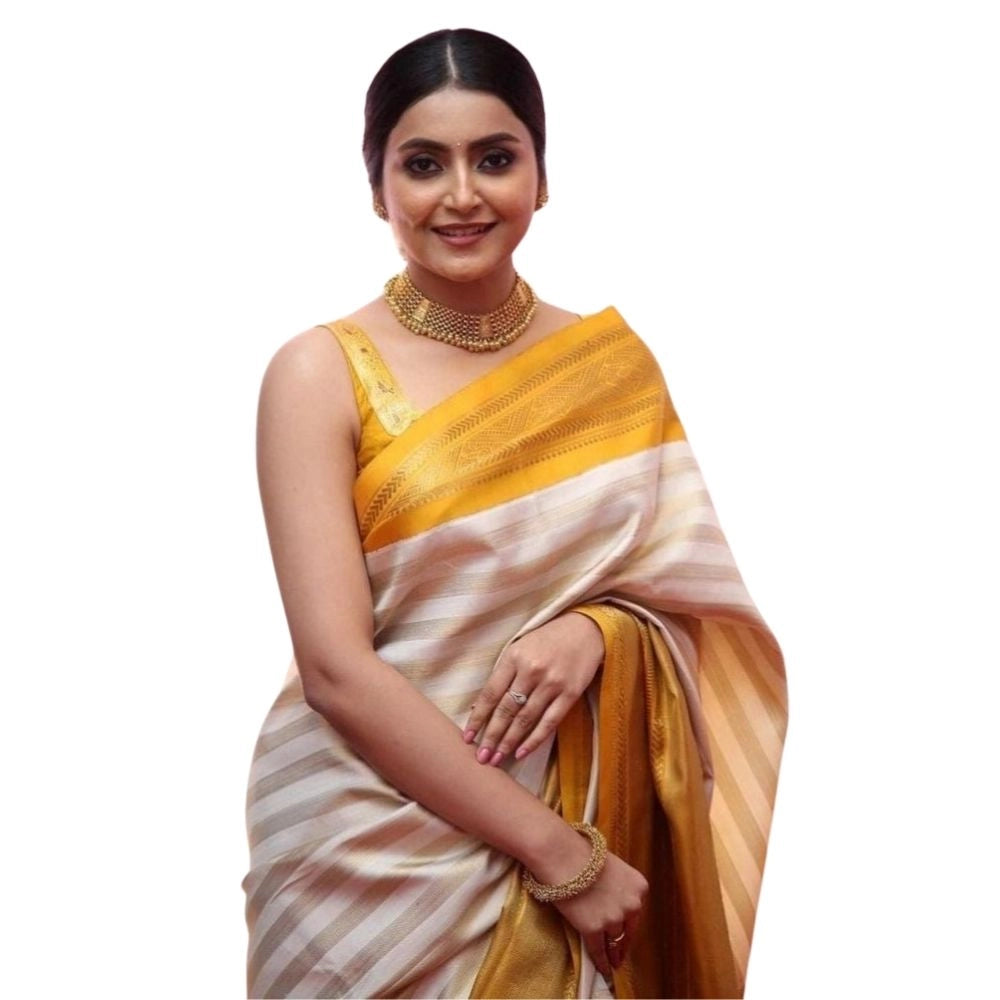 Women's Silk Printed Saree With Unstitched Blouse 5.5 Mtr (Off White-Yellow)