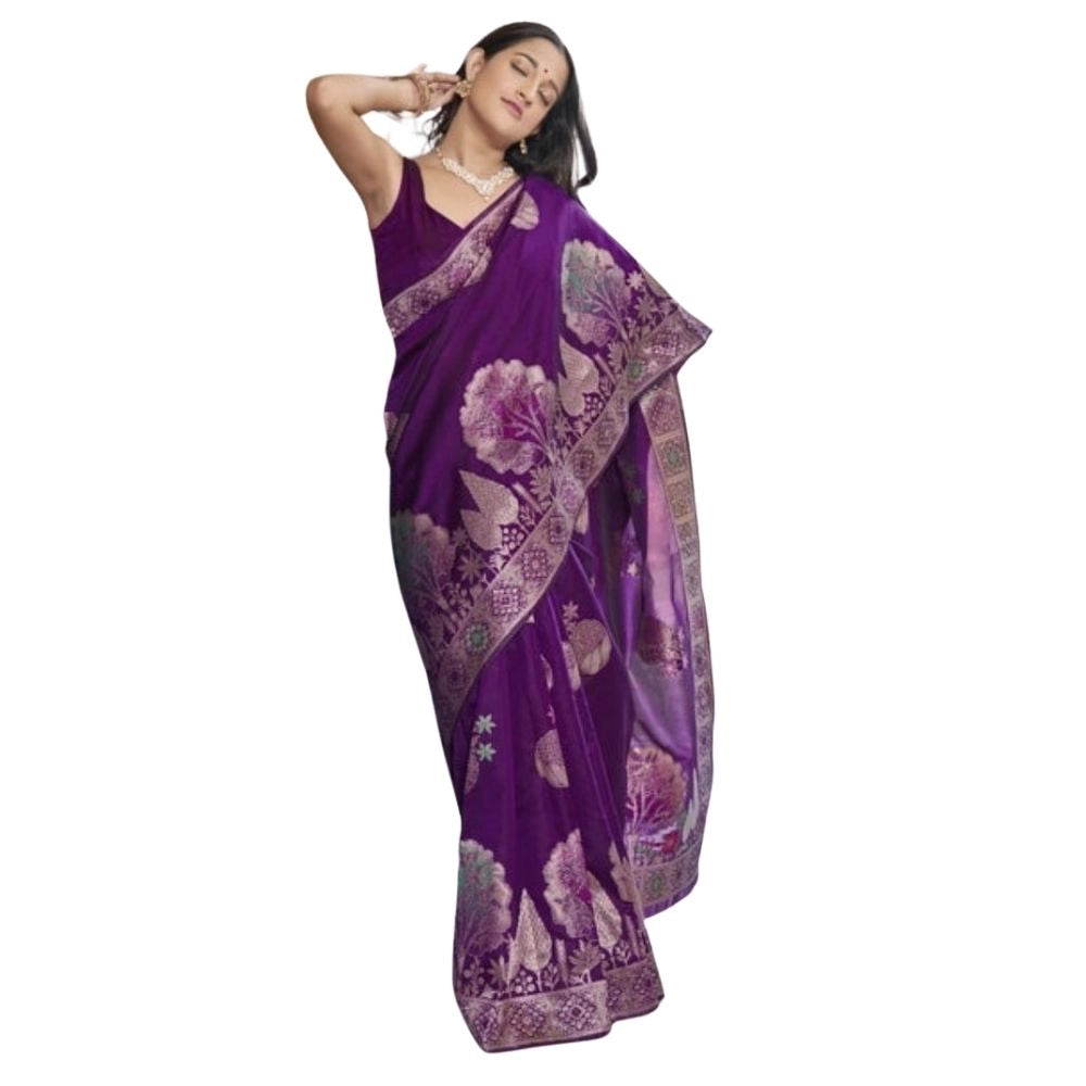 Women's Silk Printed Saree With Unstitched Blouse 5.5 Mtr (Purple)