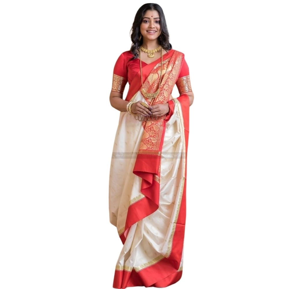 Women's Silk Printed Saree With Unstitched Blouse 5.5 Mtr (White-Red)