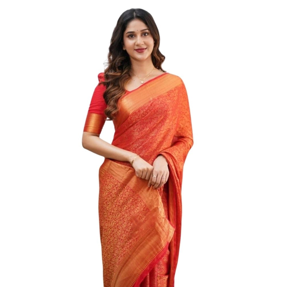 Women's Silk Printed Saree With Unstitched Blouse 5.5 Mtr (Orange)