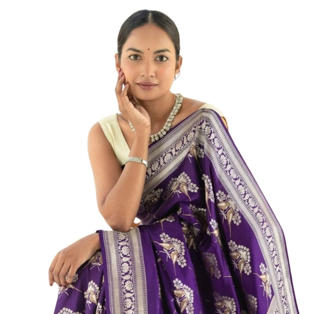 Women's Silk Printed Saree With Unstitched Blouse 5.5 Mtr (Purple)