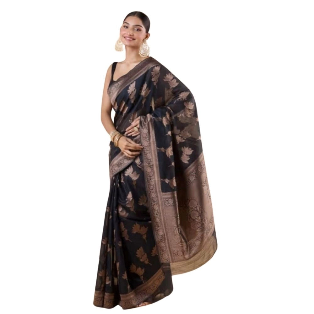 Women's Silk Printed Saree With Unstitched Blouse 5.5 Mtr (Black)